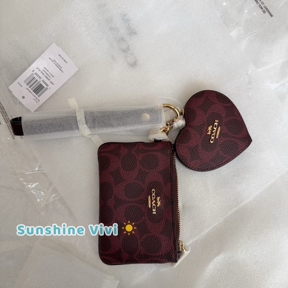 NWT Coach Wristlet And Heart Pouch In Signature Canvas CFU07 Black Currant